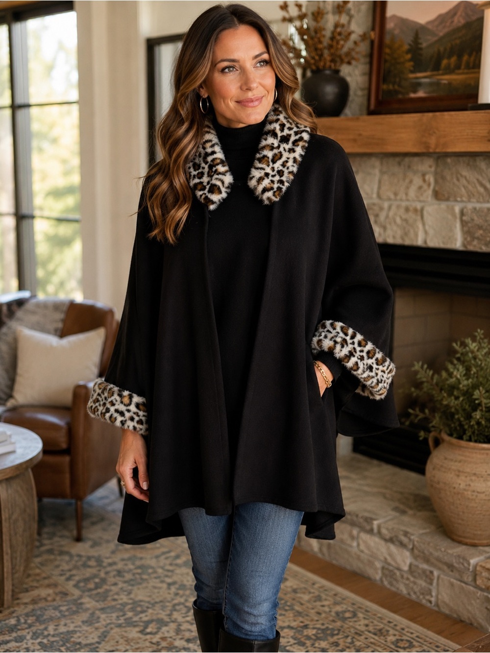 Carmen Marc Valvo M Black Cape Jacket Faux Fur Leopard Collar Cuffs Sleeves Lux